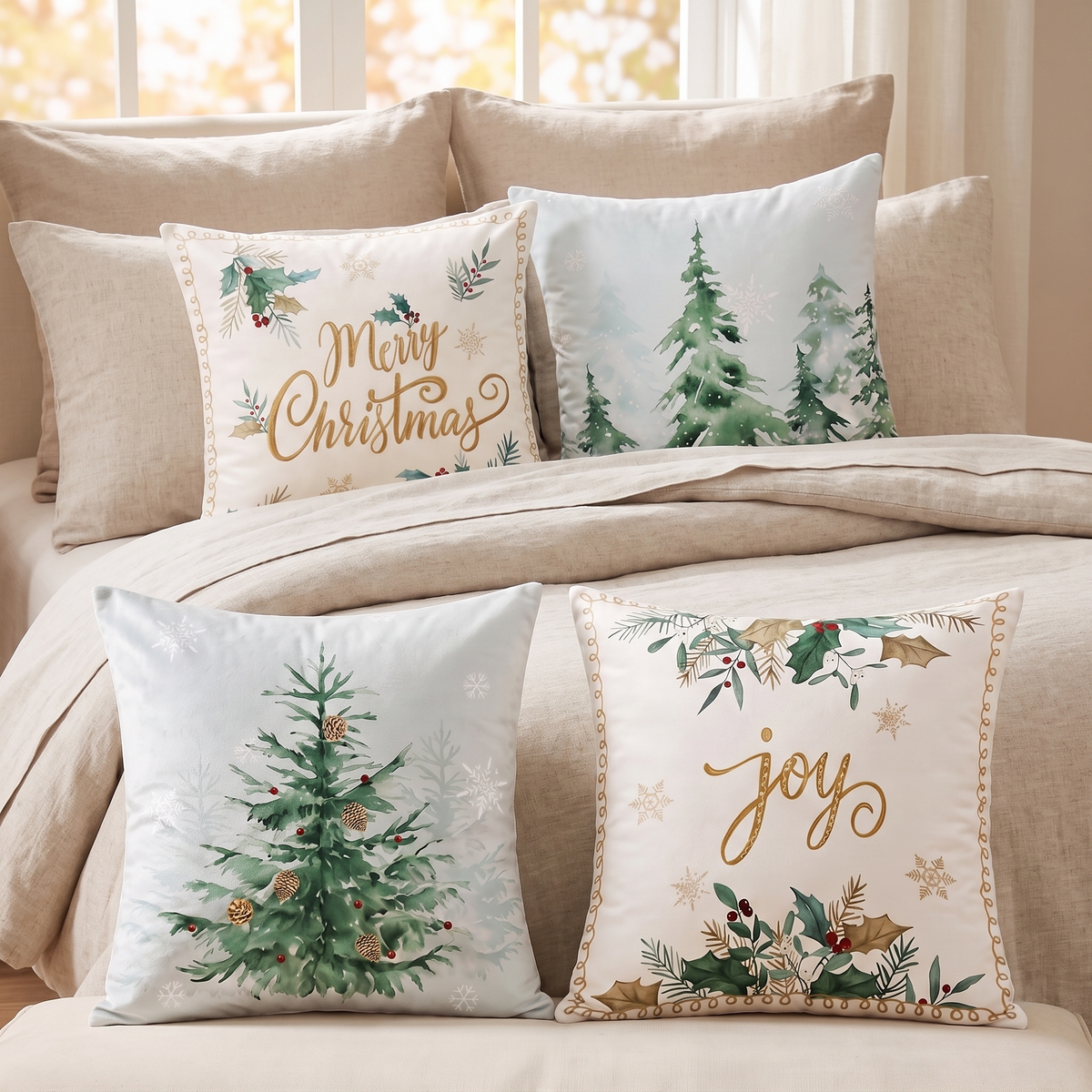 Velvet Pine Tree Christmas Cushion Covers – Set of 4 – styled on a bed
