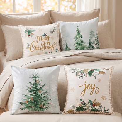 Velvet Pine Tree Christmas Cushion Covers – Set of 4 – styled on a bed