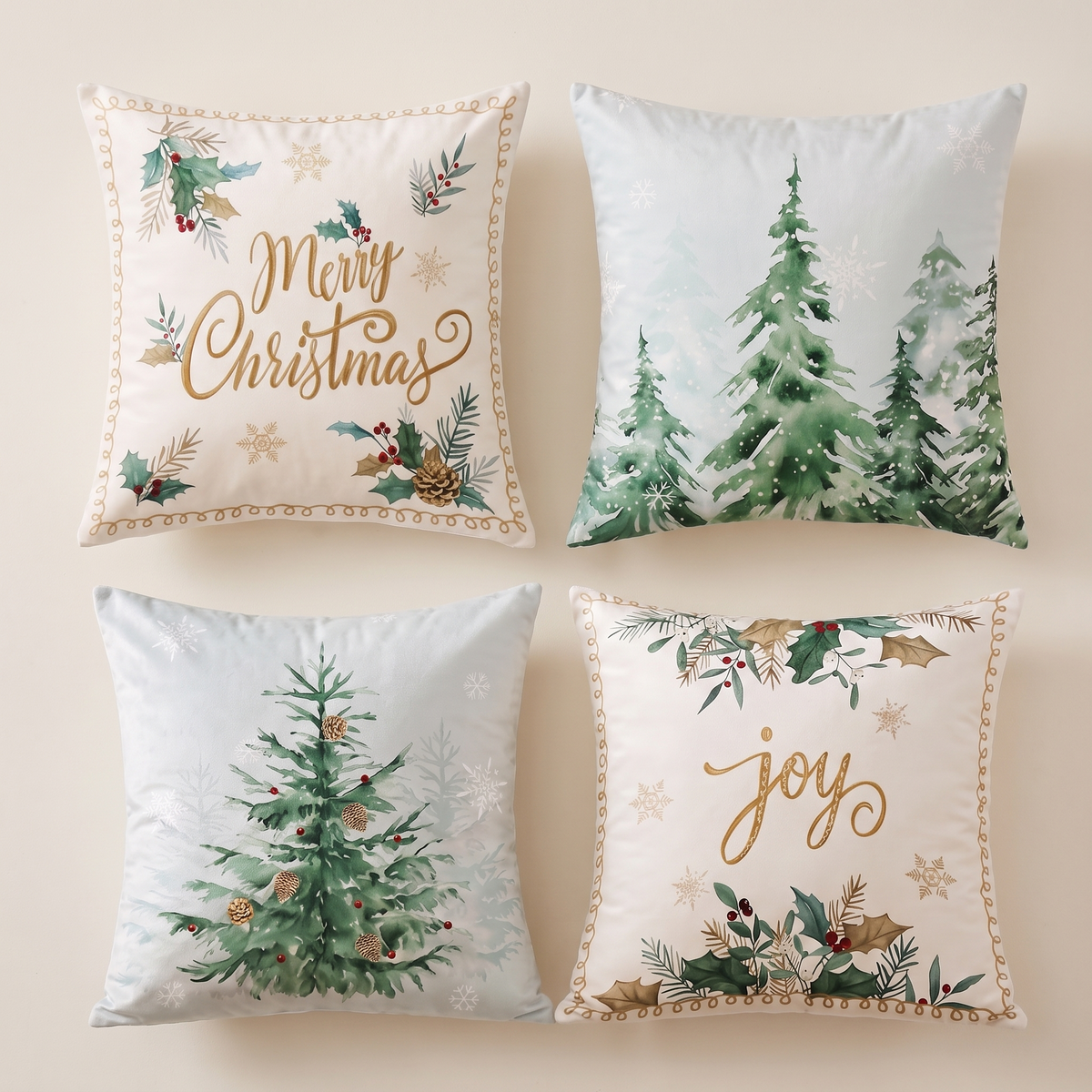 Velvet Pine Tree Christmas Cushion Covers – Set of 4 – all designs side by side
