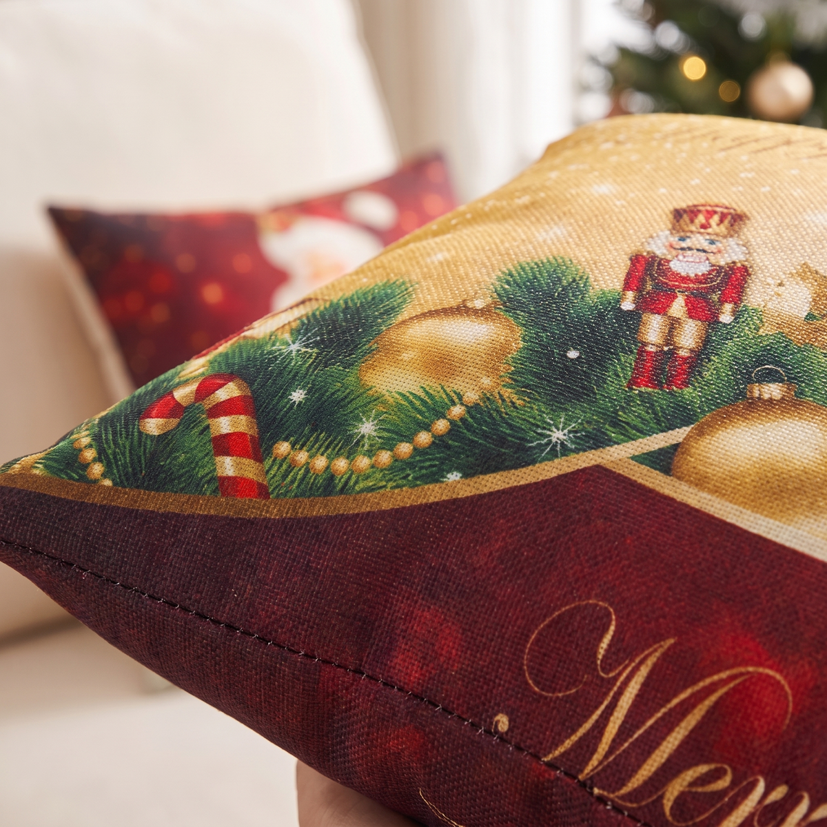 Santa & Snowman Christmas Cushion Covers – Set of 4 – print close-up