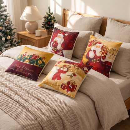 Santa & Snowman Christmas Cushion Covers – Set of 4 – styled on a bed