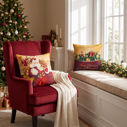 Santa & Snowman Christmas Cushion Covers – Set of 4 – styled on an armchair