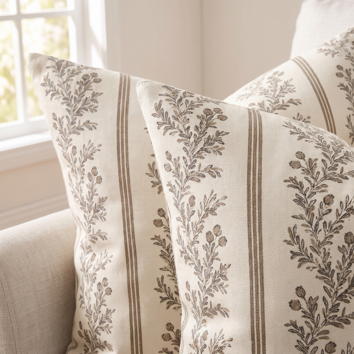 Vintage Striped Botanical Cushion Cover – Chocolate – pattern and fabric close-up