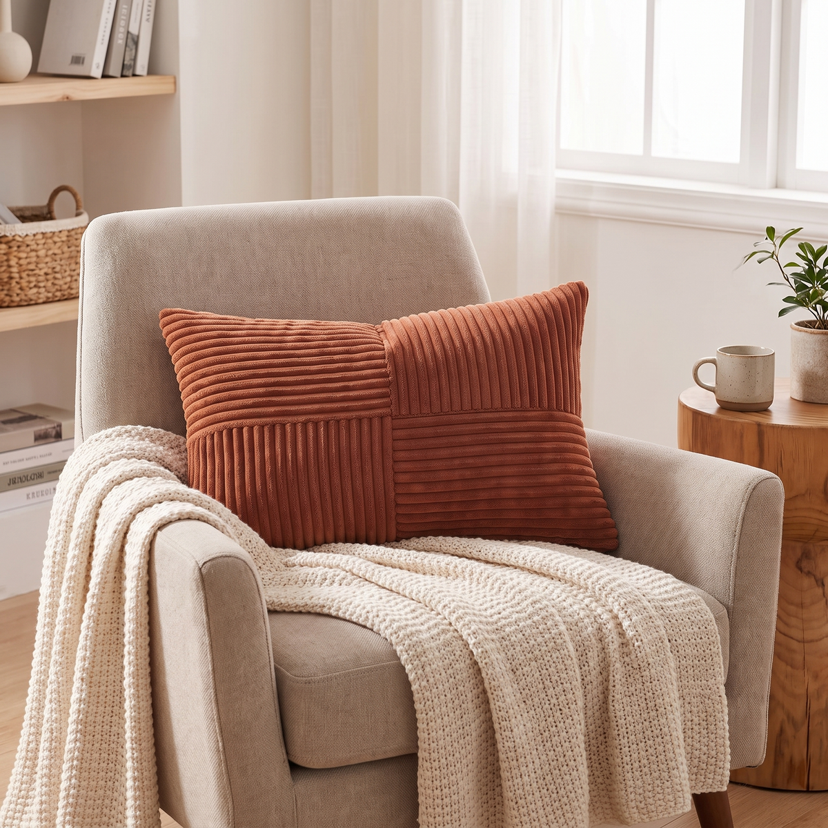 Striped Corduroy Lumbar Cushion Cover – Terracotta – styled on an armchair
