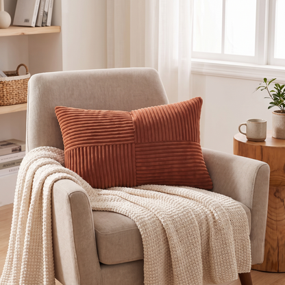 Striped Corduroy Lumbar Cushion Cover – Terracotta – styled on an armchair