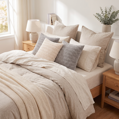 Neutral Striped Plush Cushion Covers – Set of 4 – styled on a bed