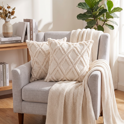 3D Pattern Faux Fur Cushion Cover – Beige – styled on an armchair