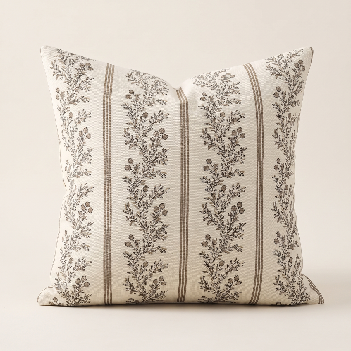 Vintage Striped Botanical Cushion Cover – Chocolate – front view