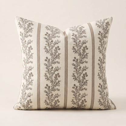 Vintage Striped Botanical Cushion Cover – Chocolate – front view
