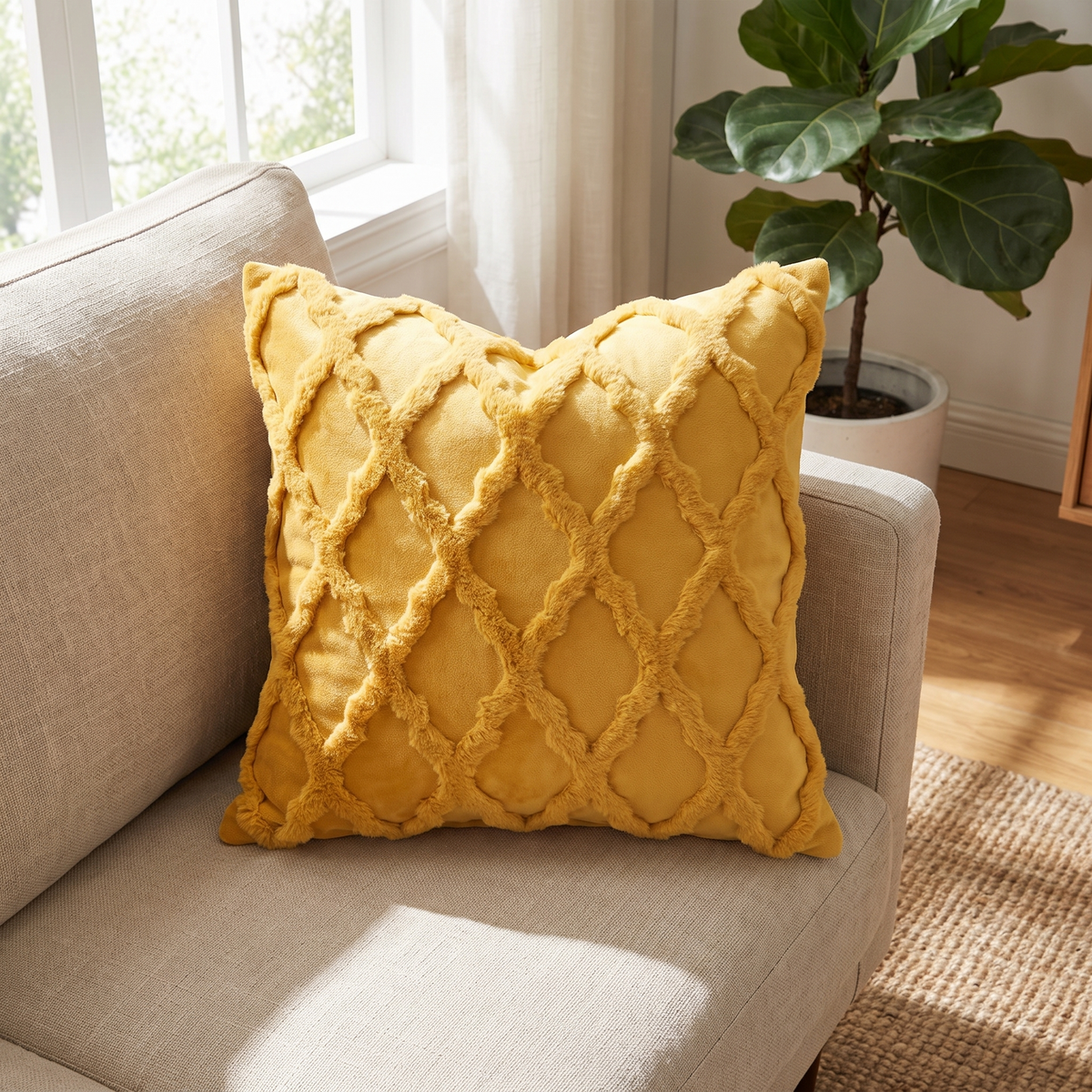 Boho Velvet Cushion Cover – Textured Stripe – styled on a sofa