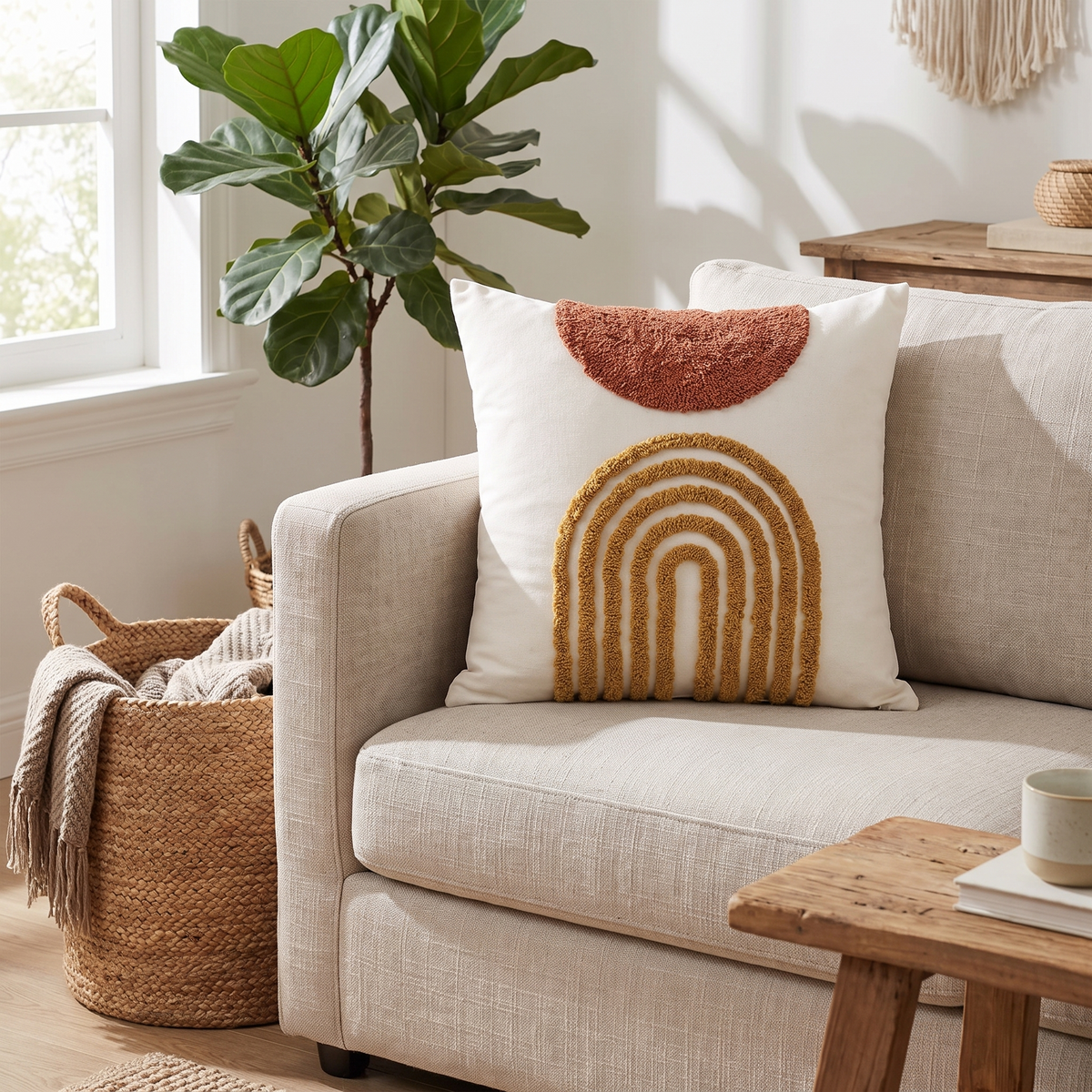 Geometric Embroidered Cushion Cover – Eden – styled on a sofa