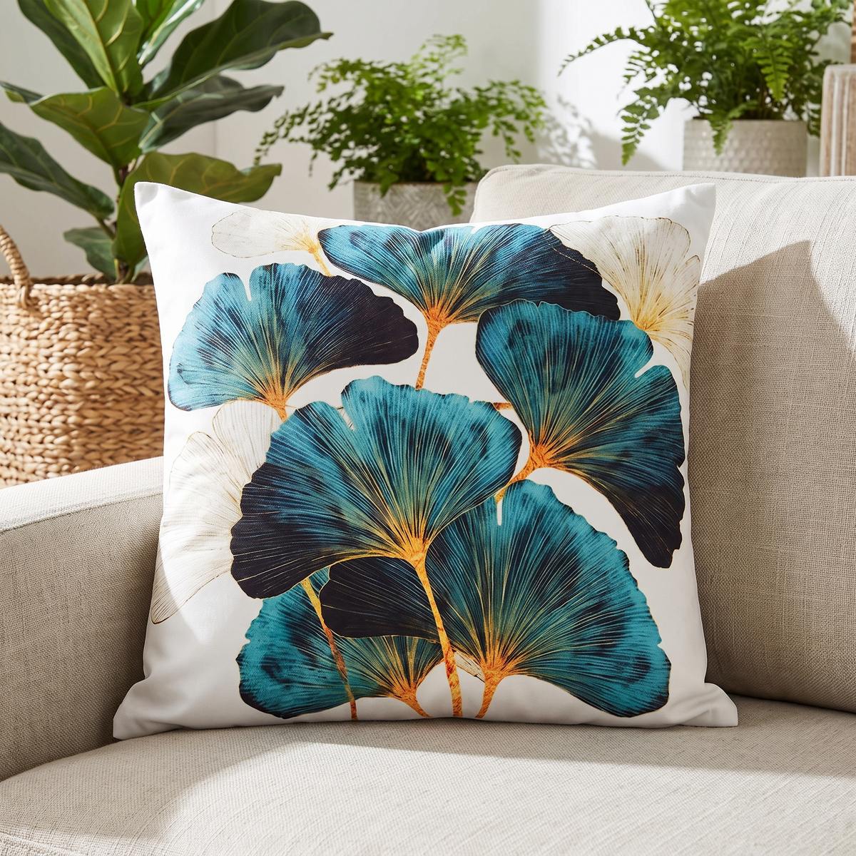Embroidered Leaf Cushion Cover – Emerald Green – styled on a sofa