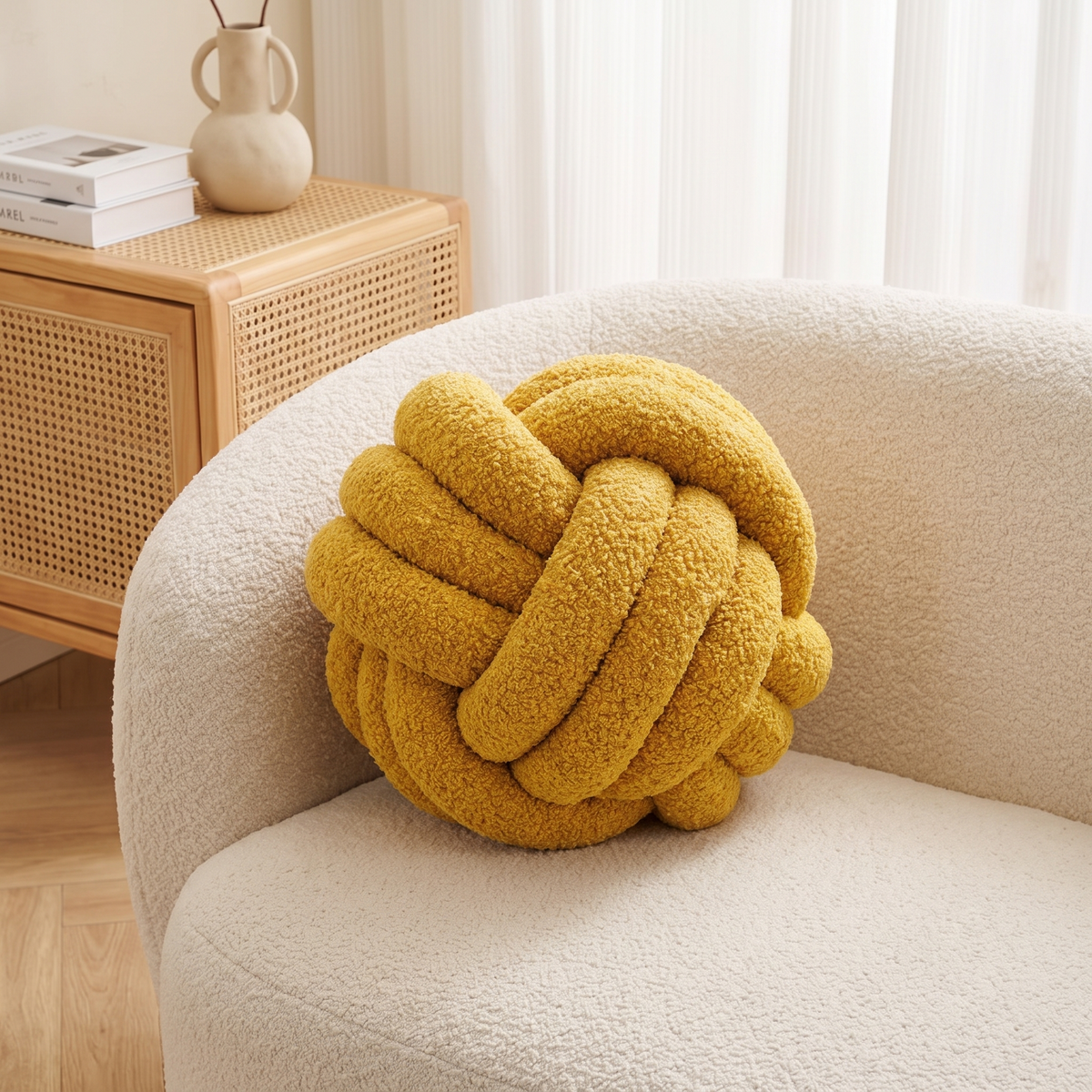 Knotted Boucle Cushion – styled on a sofa