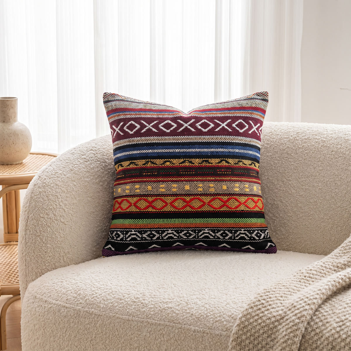 Boho Geometric Cushion Cover – Tribal Print – styled on a sofa