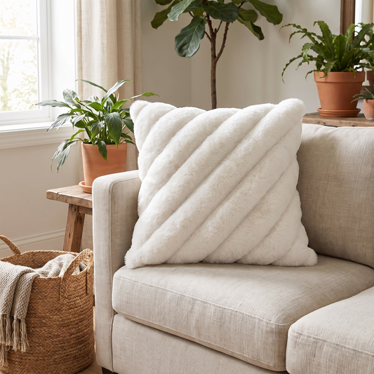 Faux Fur Cushion Cover – Rabbit Soft – styled on a sofa