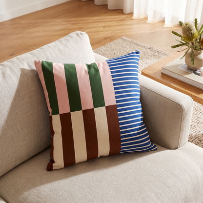 Mod Block Striped Cushion Cover – styled on a sofa