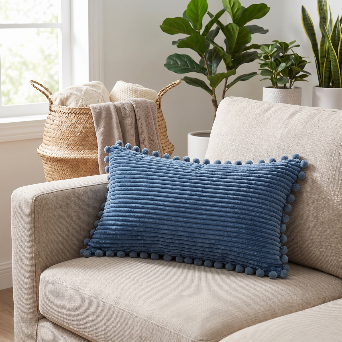Ribbed Pom-Pom Cushion Cover – styled on a sofa