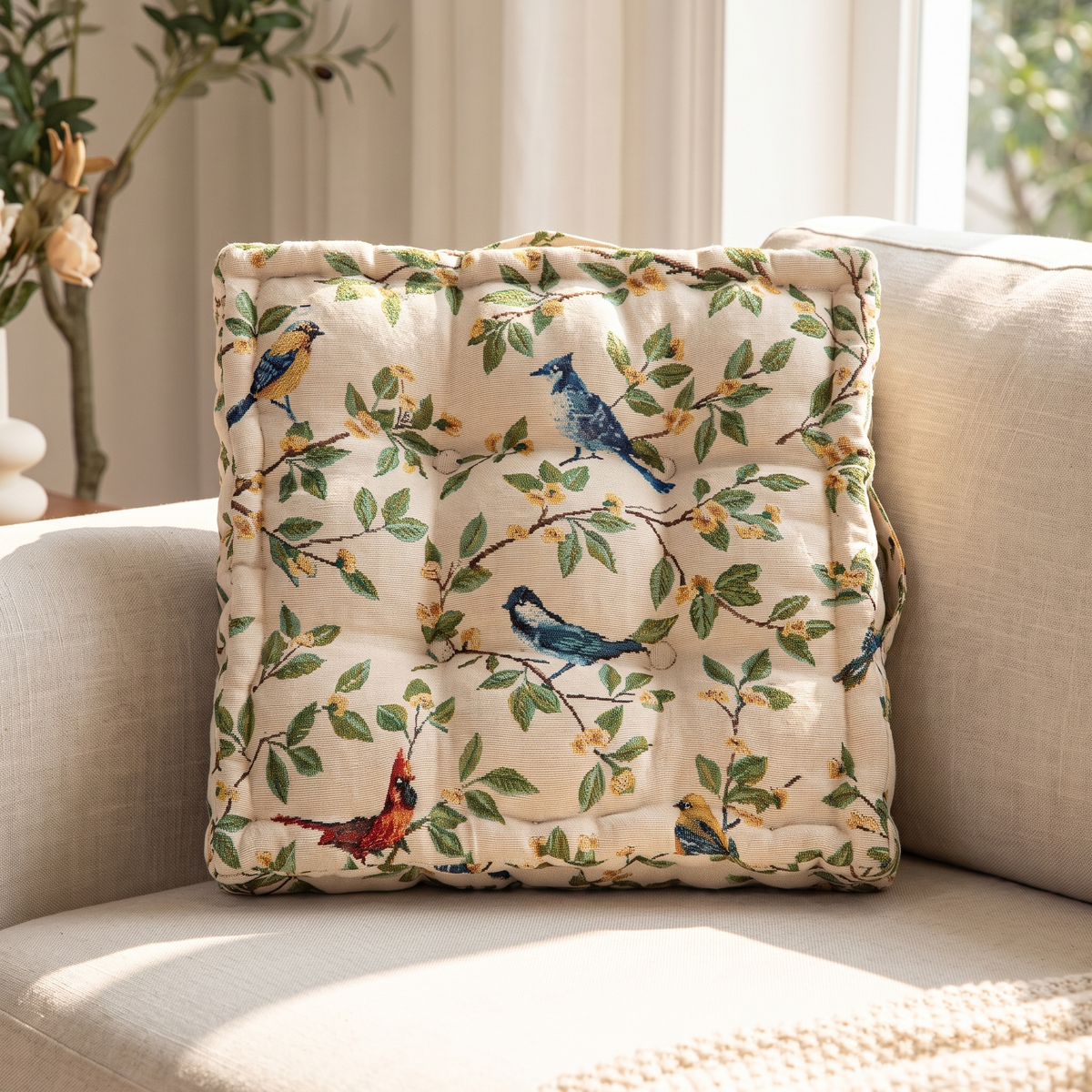 Whimsical Bird & Leaf Cushion Cover – styled on a sofa