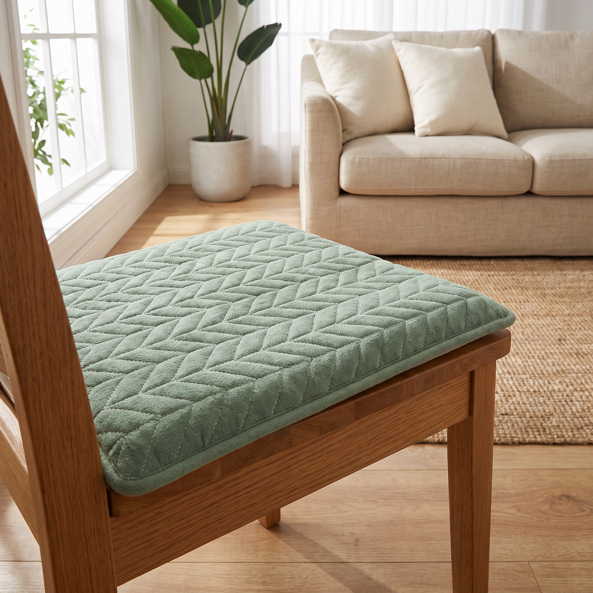 Quilted Japanese-Style Seat Cushion – Beige – in use