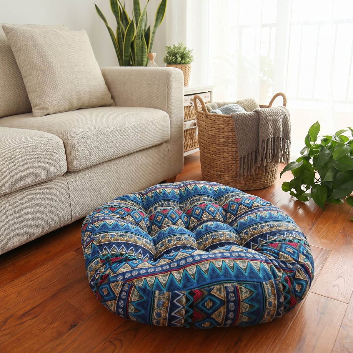 Round Boho Floor Cushion – Natural Beige – in use