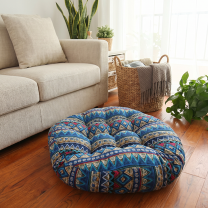 Round Boho Floor Cushion – Natural Beige – in use