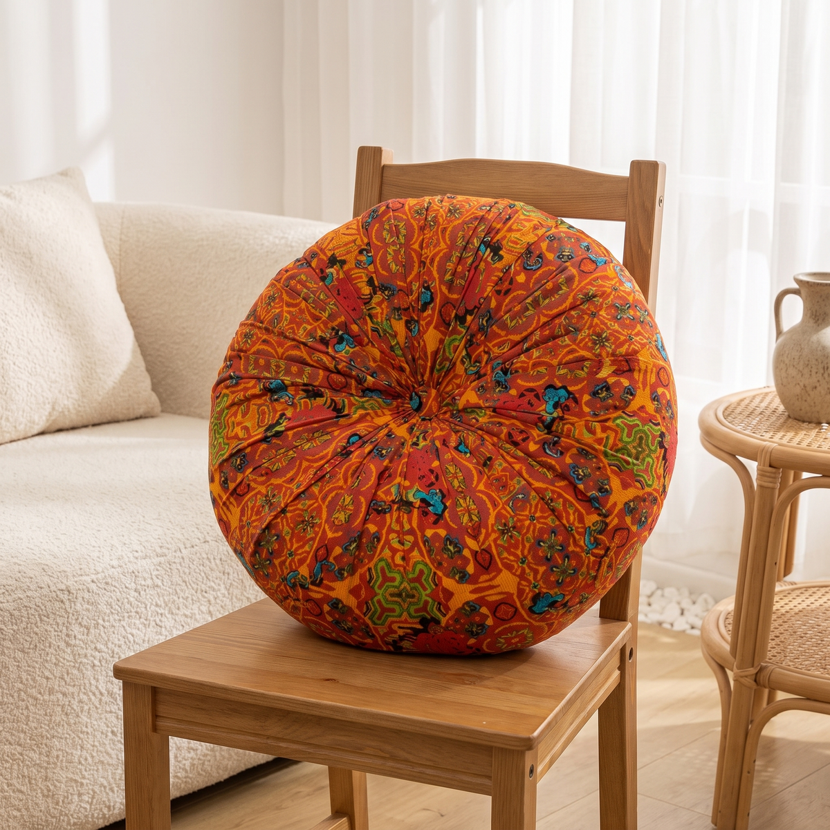 Bohemian Embroidered Floor Cushion – Cream – in use
