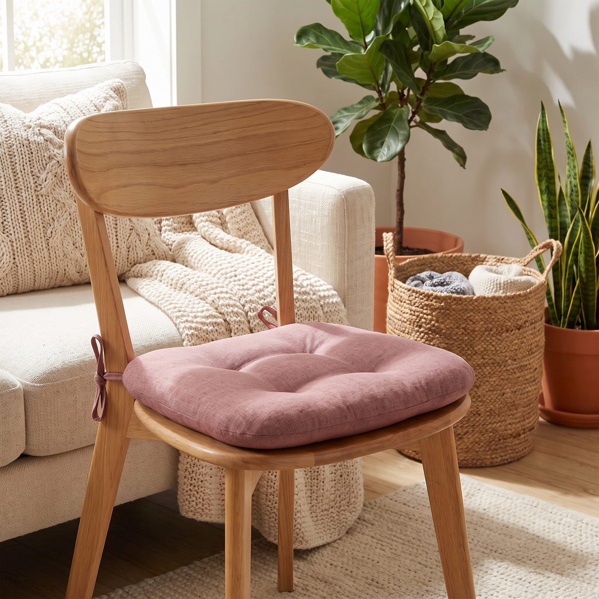 Zen Tufted Chair Cushion – Soft Beige – in use