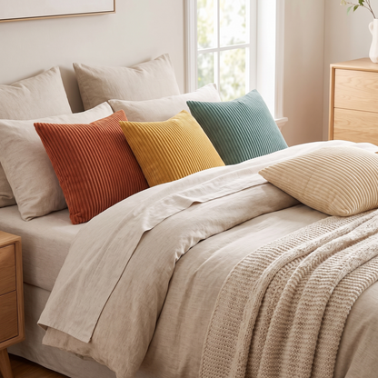 Double-Sided Velvet Cushion Covers – Set of 4 – styled on a bed