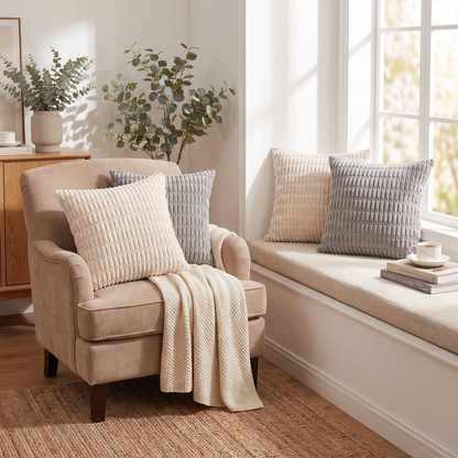 Neutral Striped Plush Cushion Covers – Set of 4 – styled on an armchair