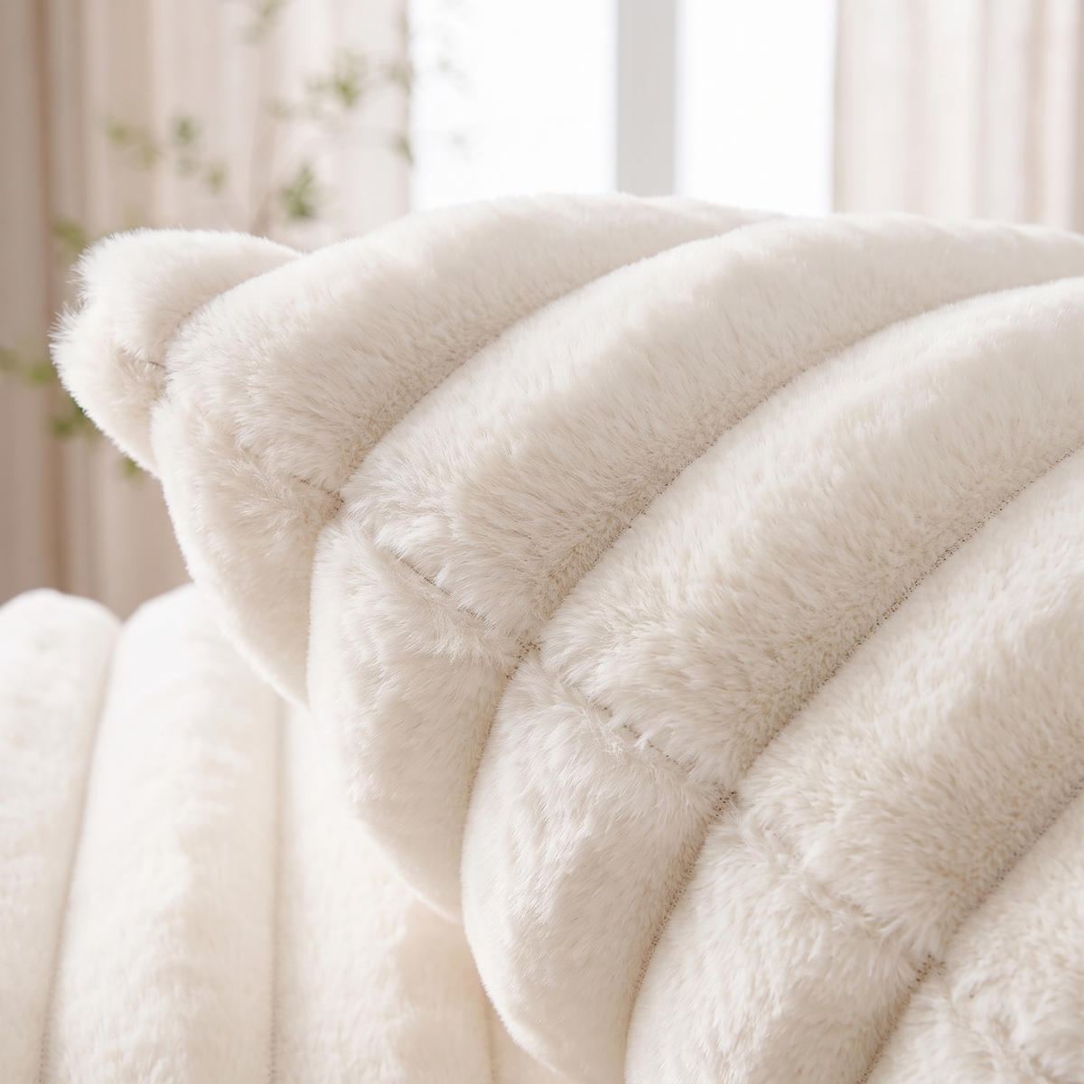 Striped Faux Fur Cushion Cover – Cream – pattern and fabric close-up