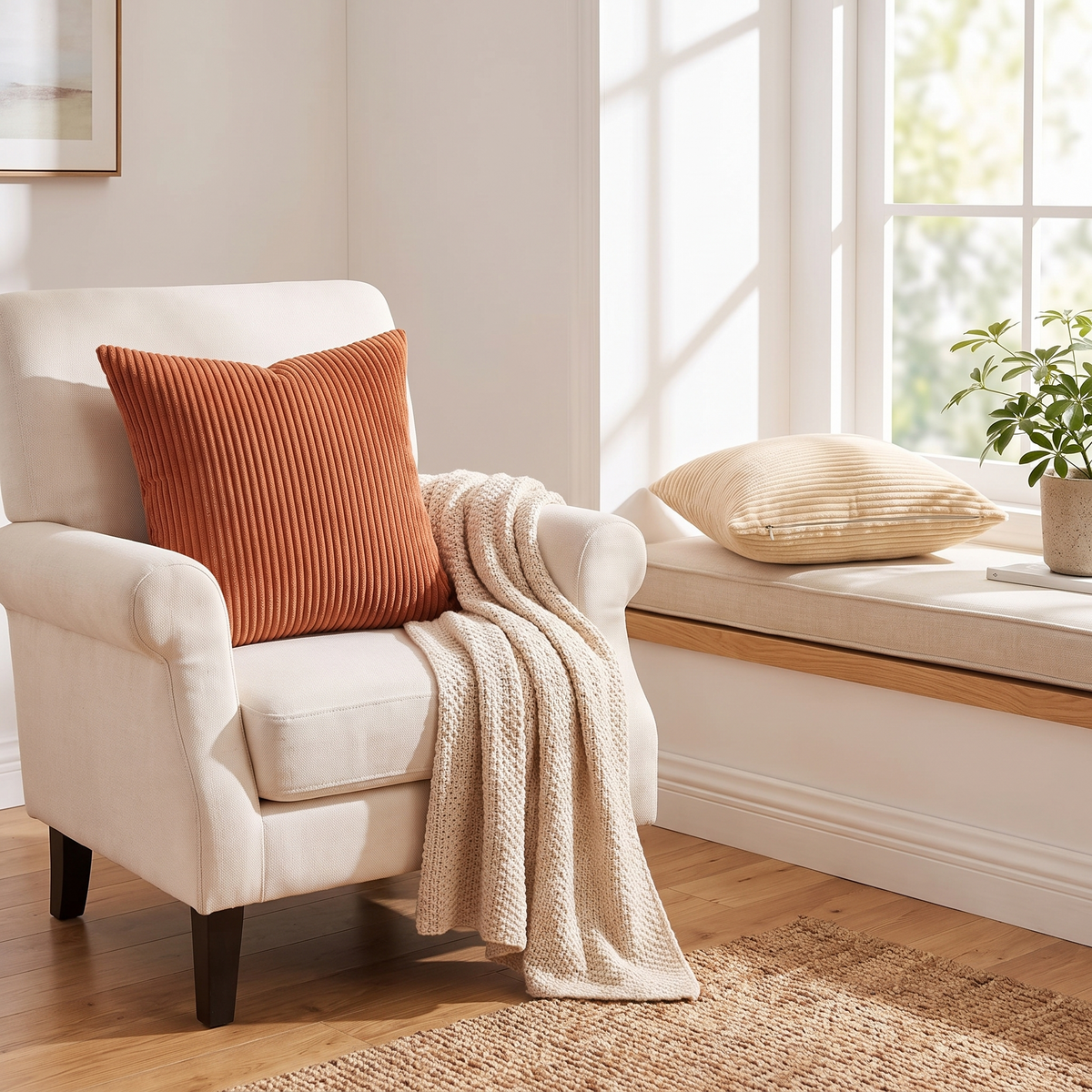 Double-Sided Velvet Cushion Covers – Set of 4 – styled on an armchair