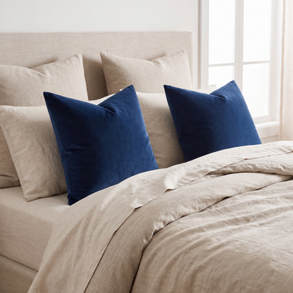 Soft Velvet Cushion Cover – Dark Navy – styled on a bed