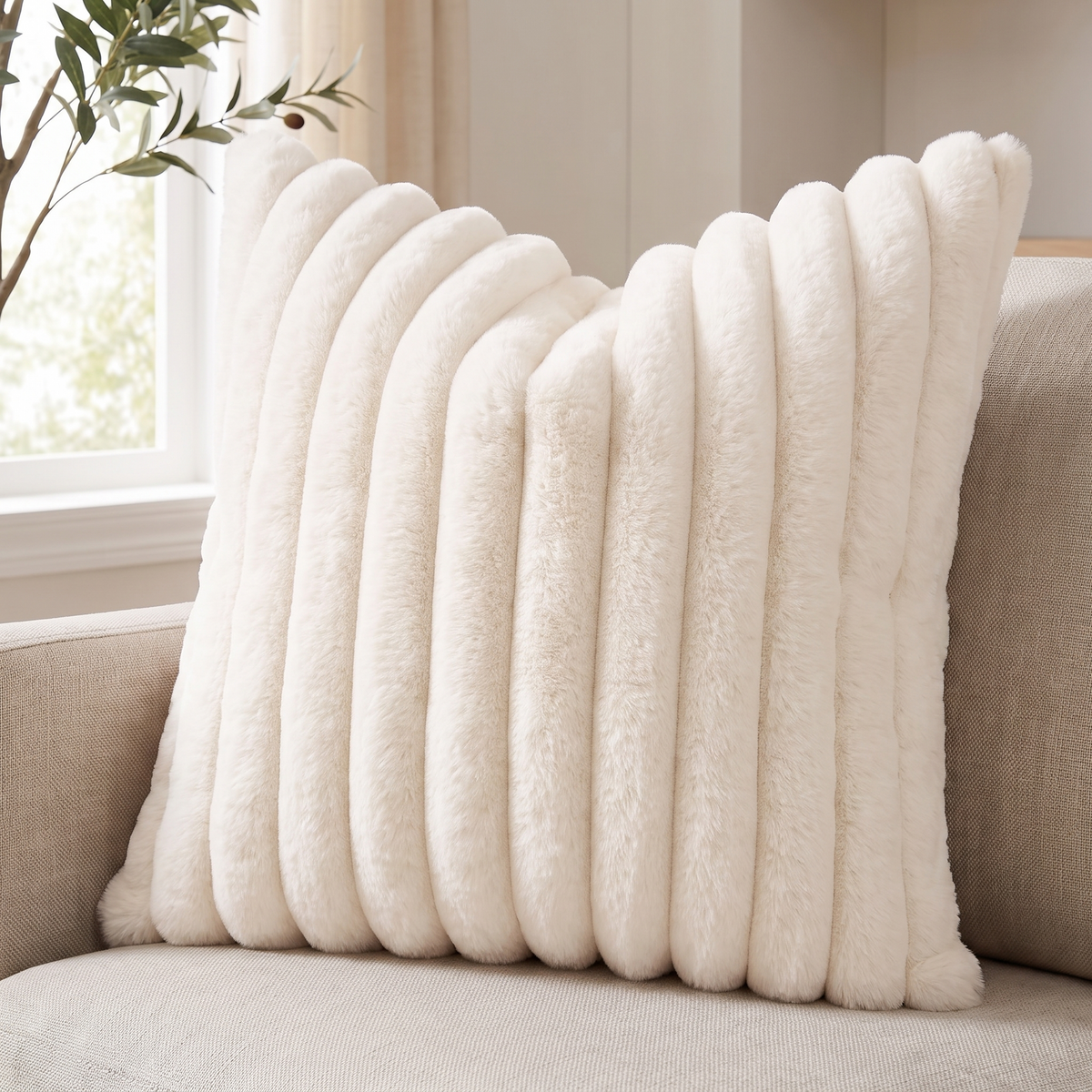 Plush Faux Fur Cushion Cover with Velvet Back – Cream White – pattern and fabric close-up