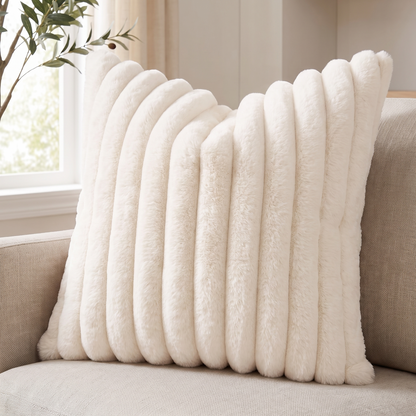 Plush Faux Fur Cushion Cover with Velvet Back – Cream White – pattern and fabric close-up