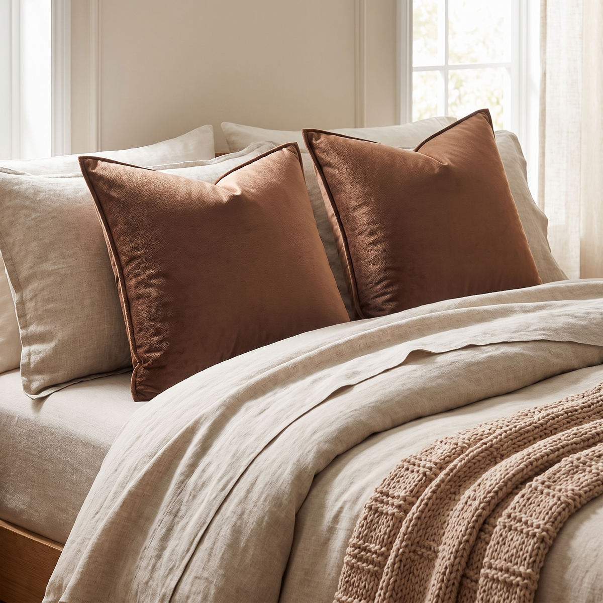 Solid Velvet Cushion Cover – Brown – styled on a bed