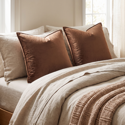Solid Velvet Cushion Cover – Brown – styled on a bed