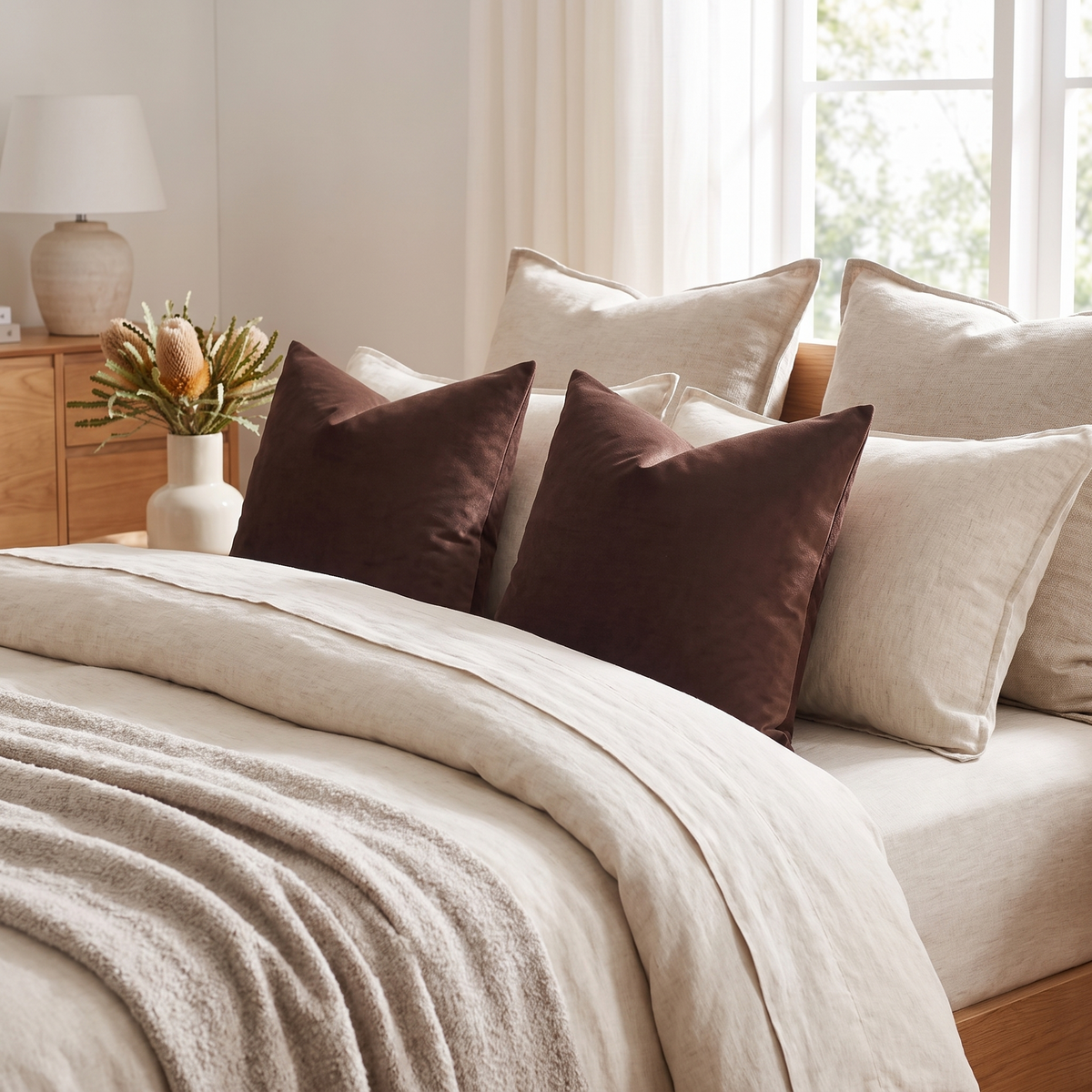 Luxe Velvet Cushion Cover – Chocolate Brown – styled on a bed
