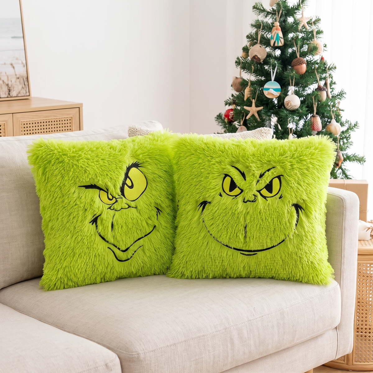 Faux Fur Christmas Cushion Cover – Green – styled on a sofa