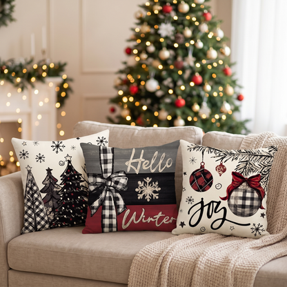 Red Merry Christmas Joy Cushion Covers – Set of 4 – full set styled on a sofa