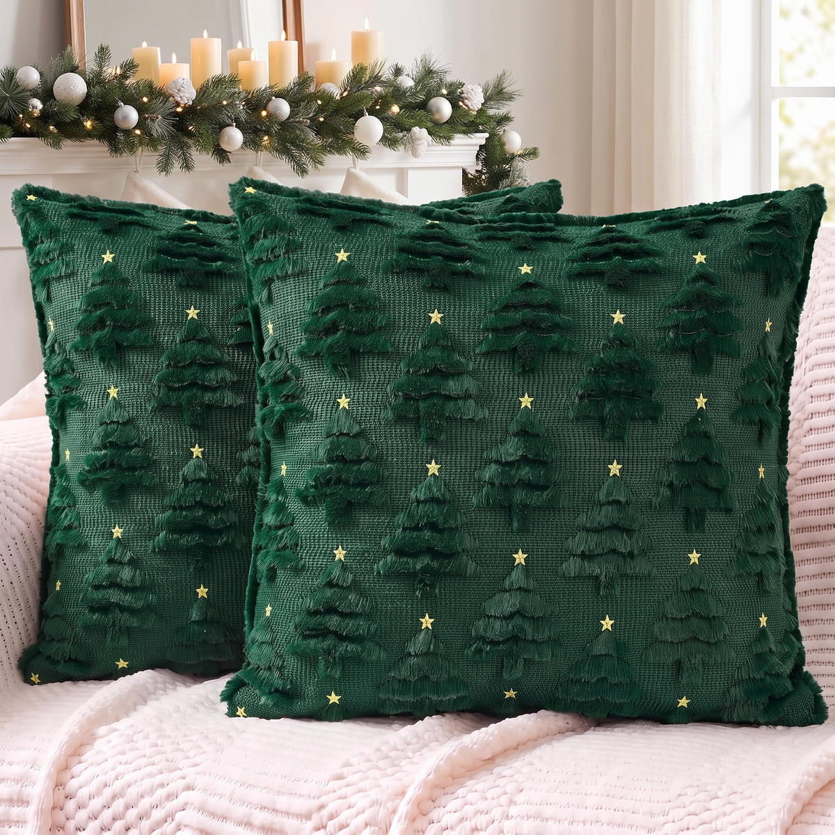 Christmas Tree Cushion Cover – Green – styled on a sofa