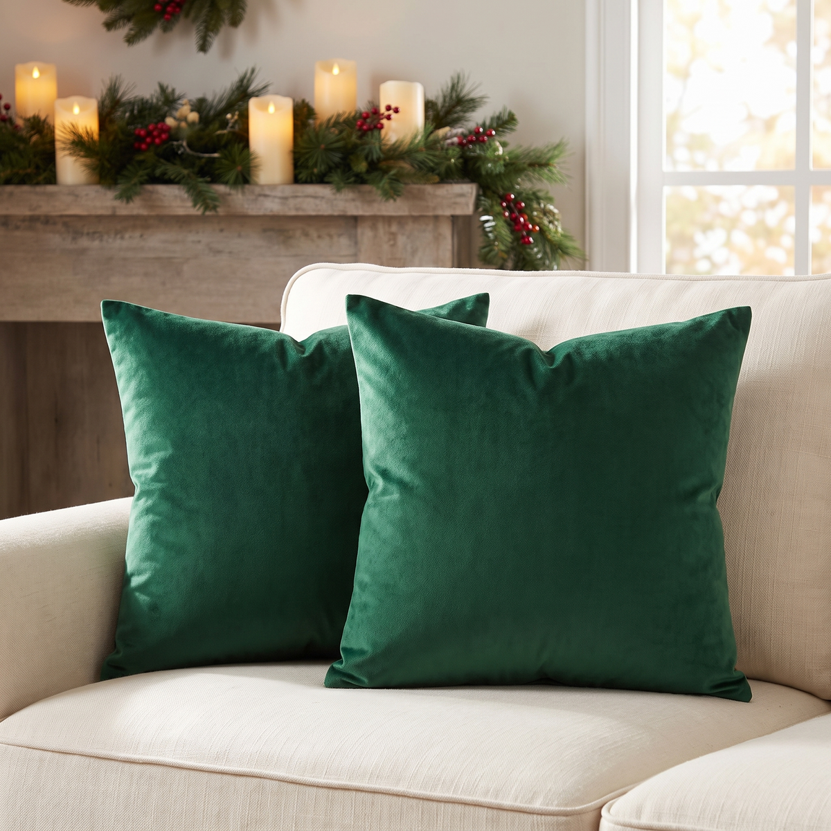 Luxe Velvet Christmas Cushion Cover – Emerald Green – styled on a sofa