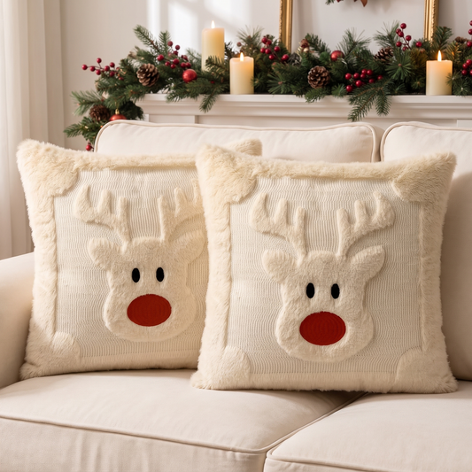 Fluffy Faux Fur Christmas Cushion Cover – White – styled on a sofa