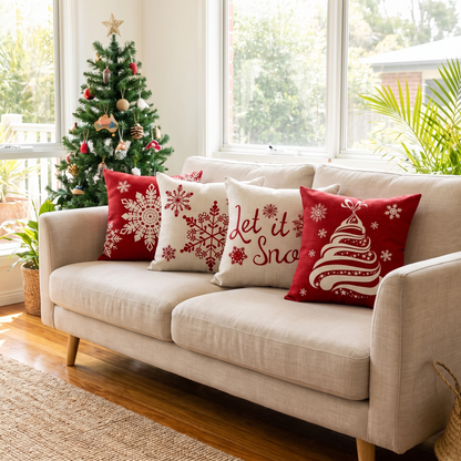 Let It Snow Christmas Cushion Covers – Set of 4 – full set styled on a sofa