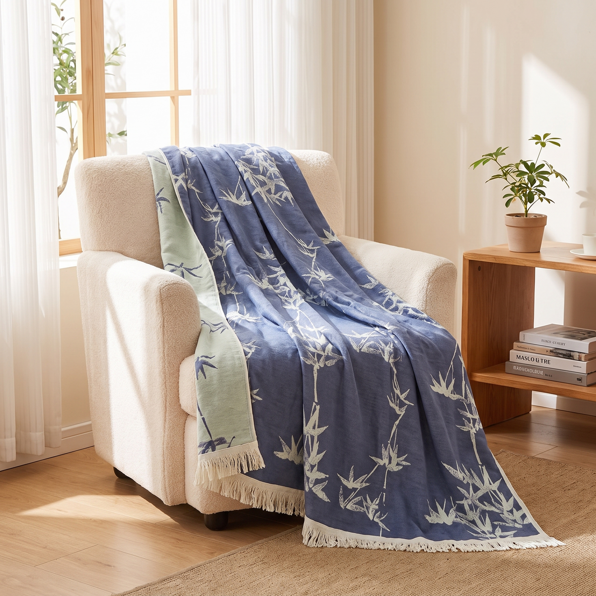 Bamboo Cotton Reversible Jacquard Throw Blanket – draped over an armchair