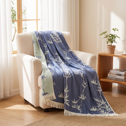 Bamboo Cotton Reversible Jacquard Throw Blanket – draped over an armchair