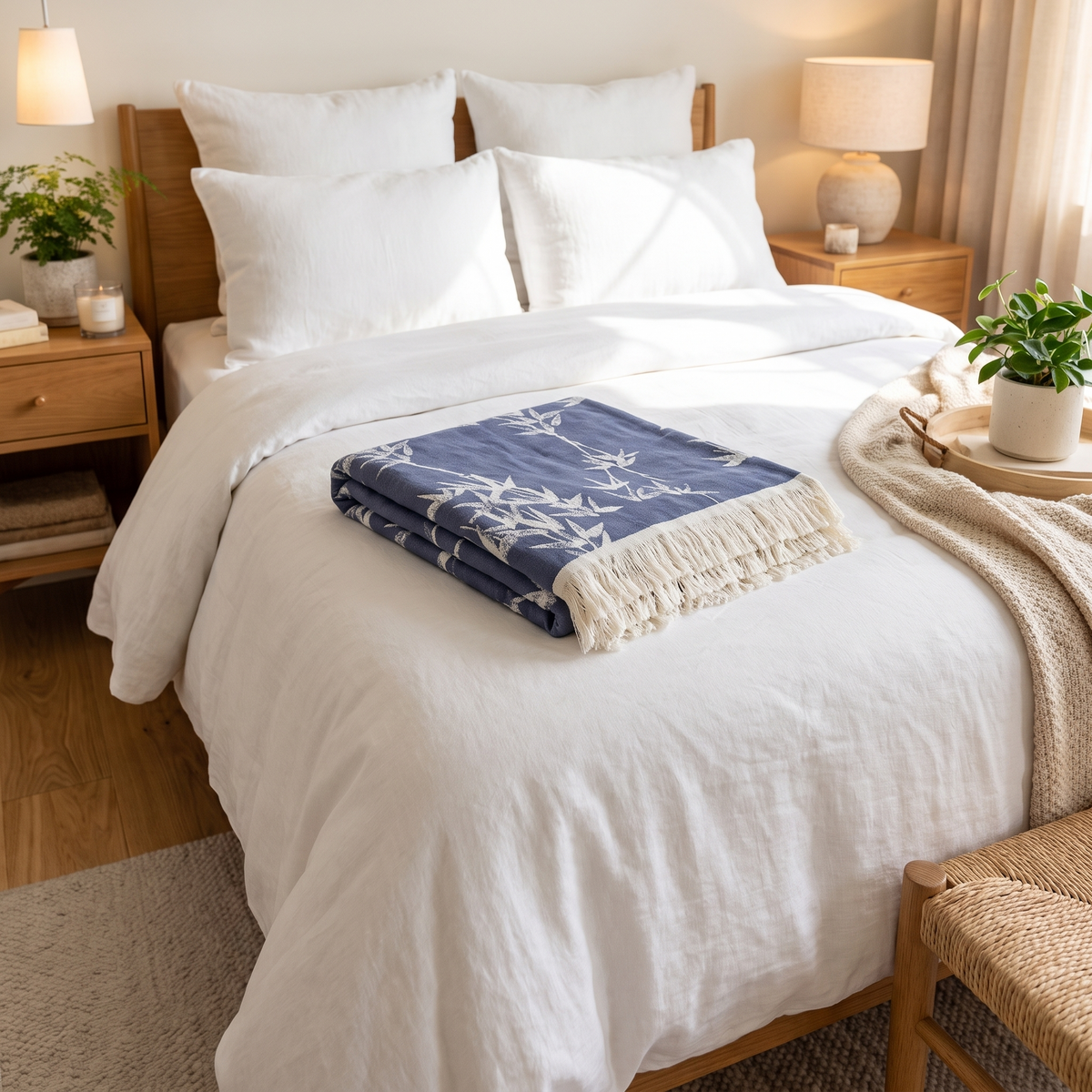 Bamboo Cotton Reversible Jacquard Throw Blanket – folded on a bed