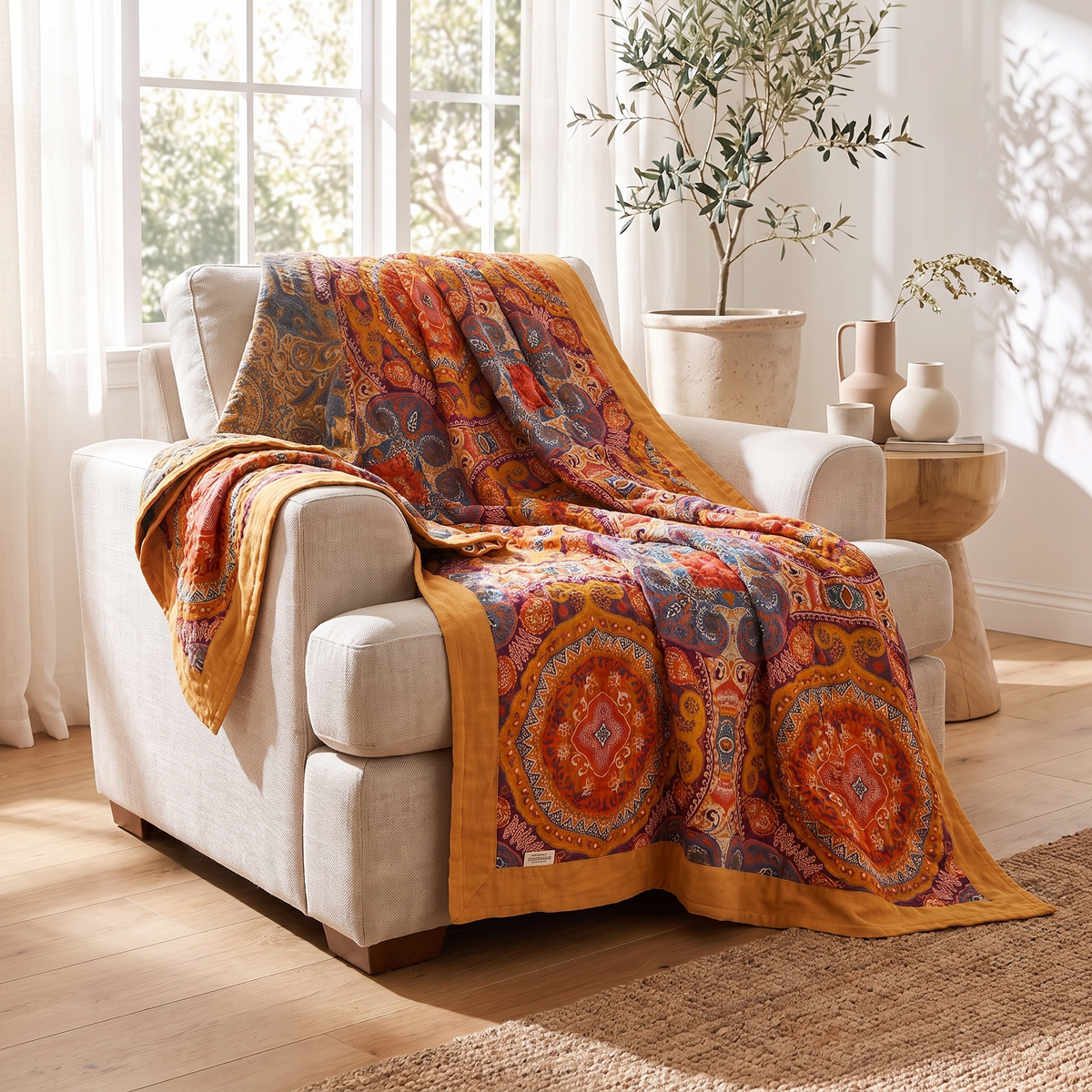 Sunrise Boho Reversible Cotton Throw Blanket – draped over an armchair