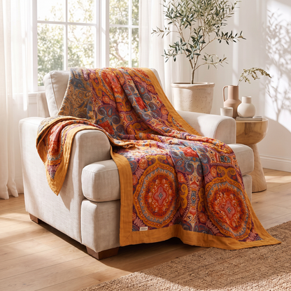 Sunrise Boho Reversible Cotton Throw Blanket – draped over an armchair