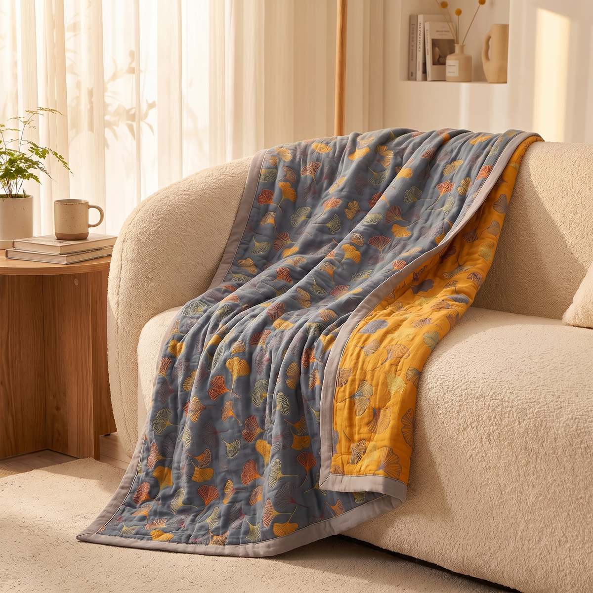 Ginkgo Leaf Cotton Throw Blanket – draped over an armchair