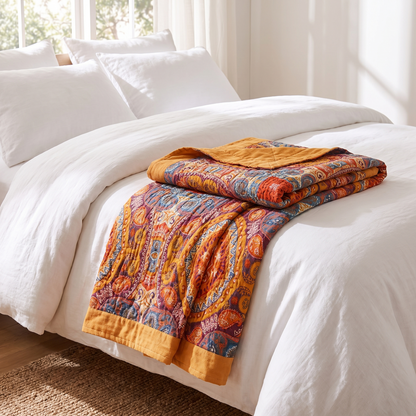 Sunrise Boho Reversible Cotton Throw Blanket – folded on a bed